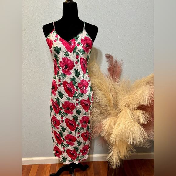 Vintage 80s 90s Lingerie Satin Slip Dress White w/ Large Pink Floral Print S - Picture 1 of 6